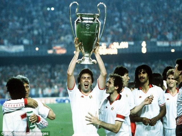 Carlo Ancelotti celebrates with the European Cup after the 1989 final